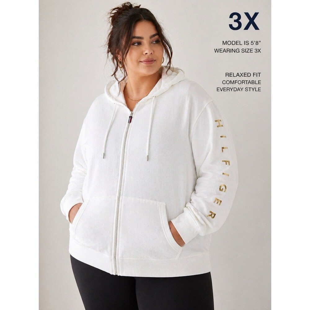 Tommy Hilfiger White Zip Hoodie Gold Logo Sleeve Women’s 3X Casual